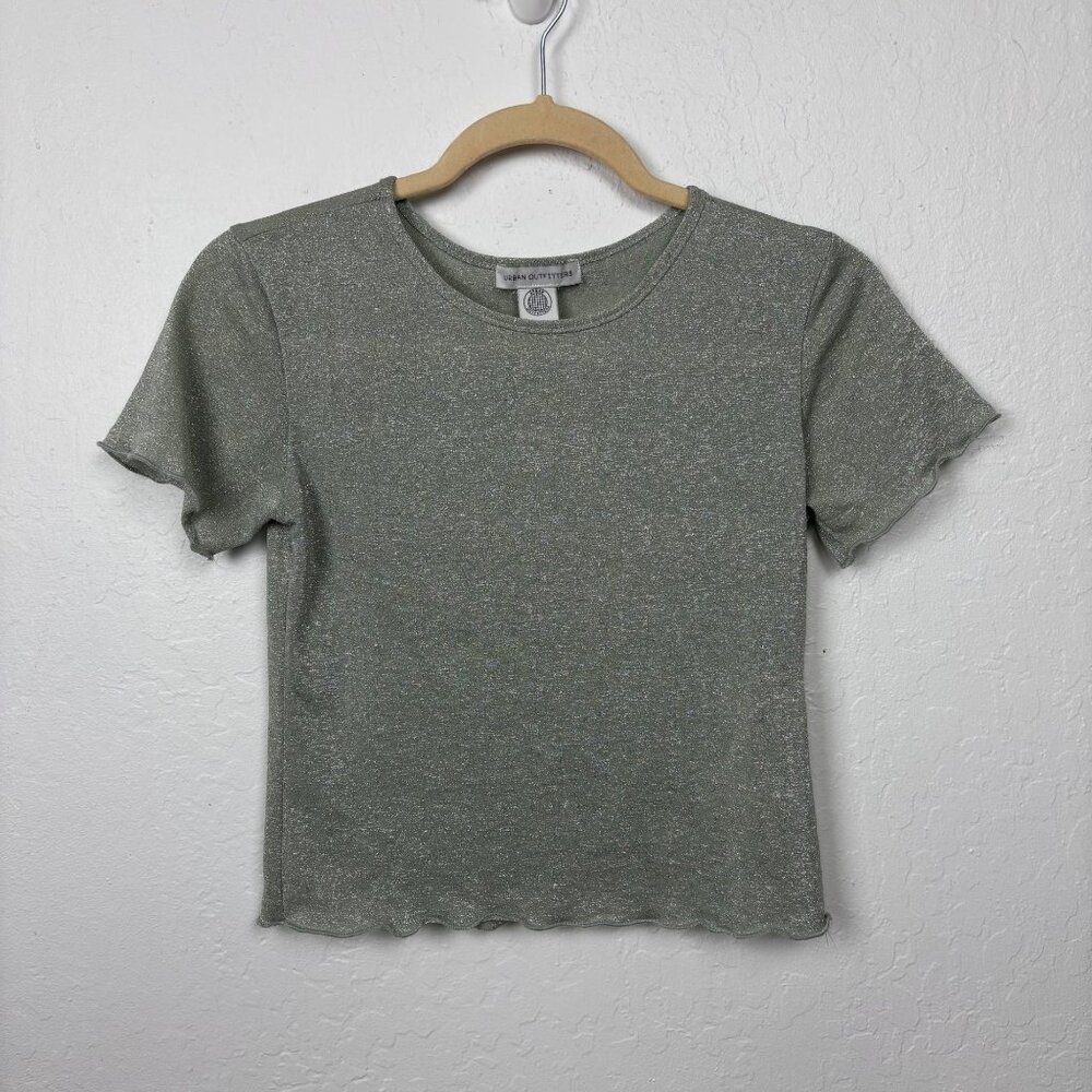 Urban Outfitters S Shimmering Silver Short Sleeve Top Tee Y2K
